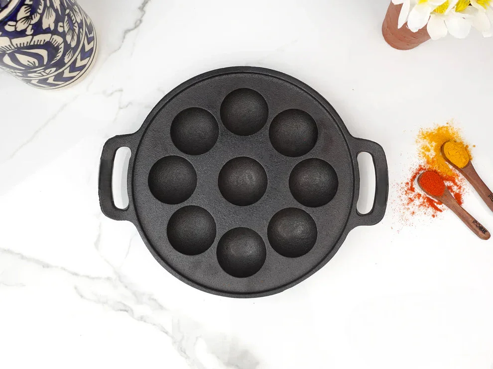 Paniyaram Pan - Cast Iron - Full Flat Base - 9 Pit .
